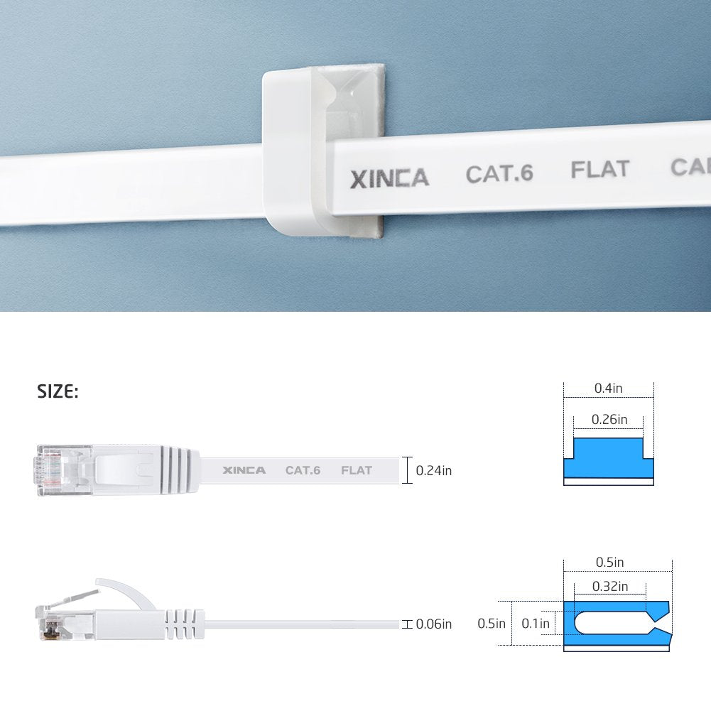 Flat Cat 6 Ethernet Network Cable 25 Feet  White Thin with Sticky Cable Clips & Rj45 Connectors - Hatke