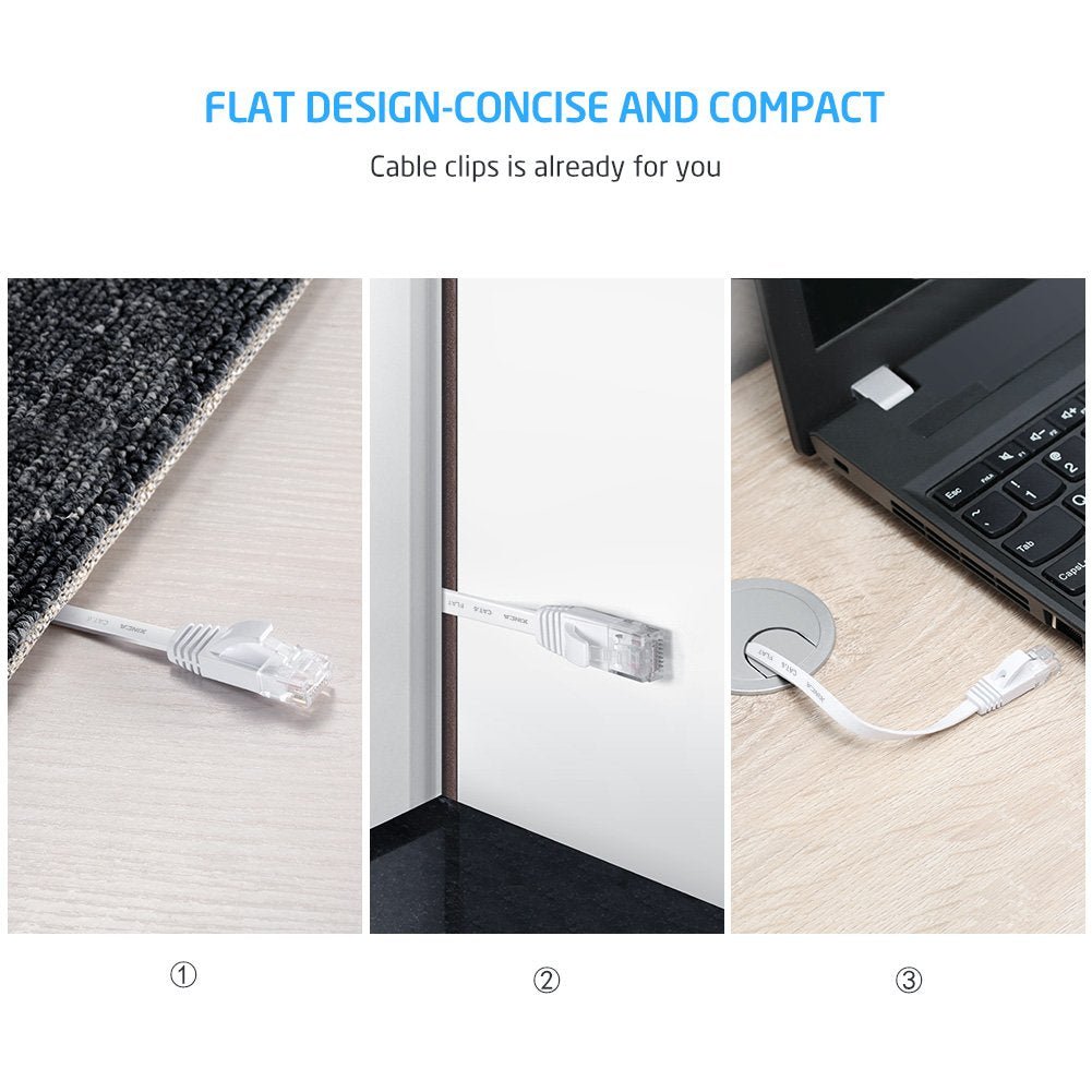 Flat Cat 6 Ethernet Network Cable 25 Feet  White Thin with Sticky Cable Clips & Rj45 Connectors - Hatke