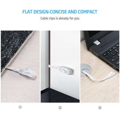 Flat Cat 6 Ethernet Network Cable 25 Feet  White Thin with Sticky Cable Clips & Rj45 Connectors - Hatke