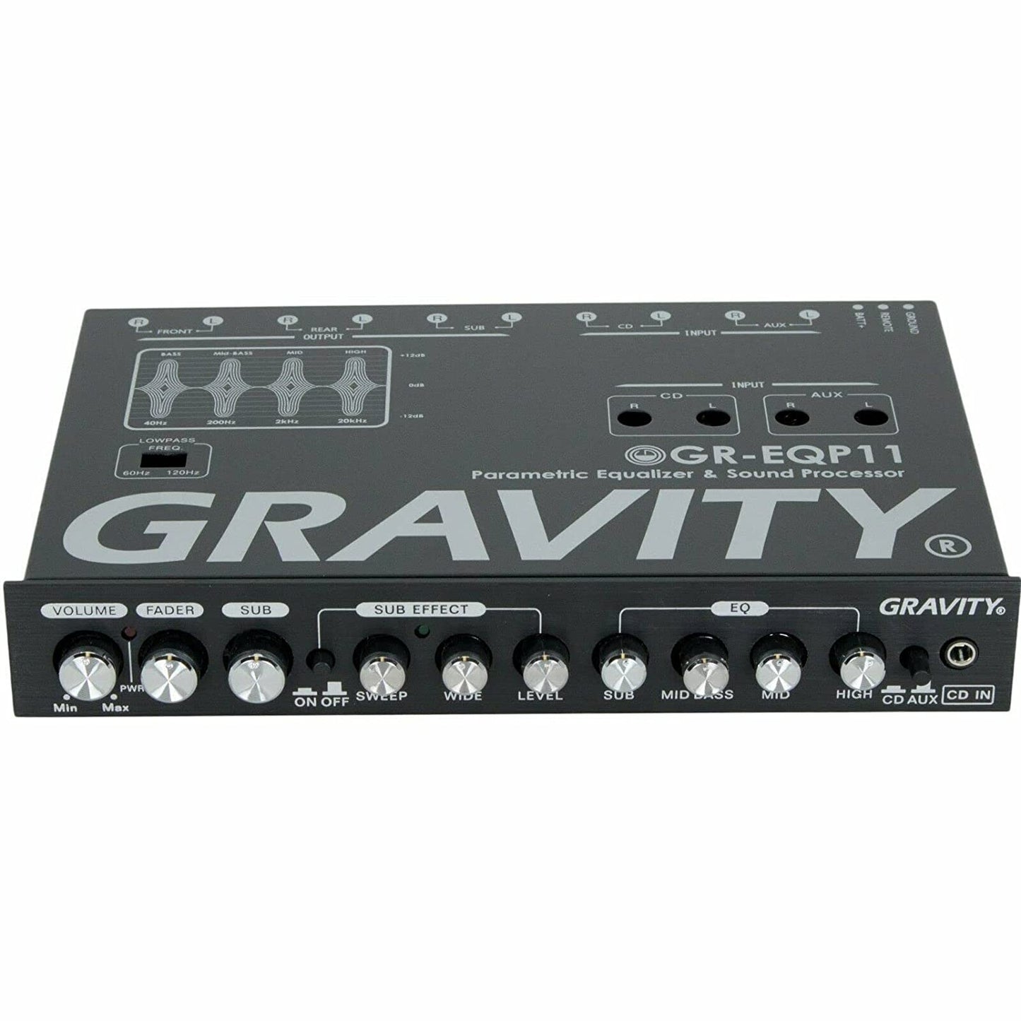 Gravity GR-EQP11 Digital Bass Machine 1/2 Din 9V 4-Way Car Parametric Equalizer w/Front, Rear + Sub Output and Night Illumination - Hatke