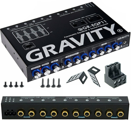 Gravity GR-EQP11 Digital Bass Machine 1/2 Din 9V 4-Way Car Parametric Equalizer w/Front, Rear + Sub Output and Night Illumination - Hatke