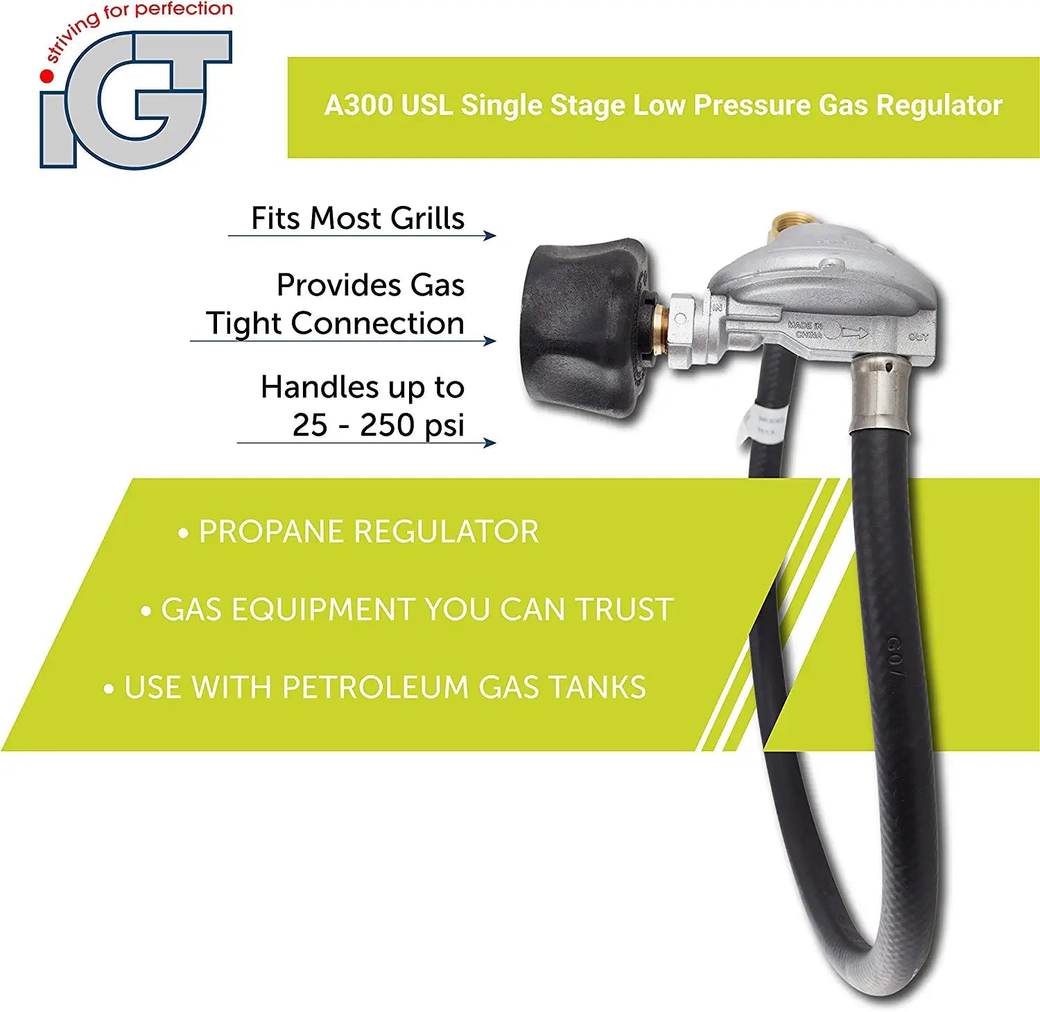 IGT 2 feet Gas Regulator | QCC-1 Propane Regulator (70000 BTU) for Barbecue Grill, Camping Stove, Patio Heater, Fish Cooker & Other Small Gas Appliances, 2 ft Hose - Hatke