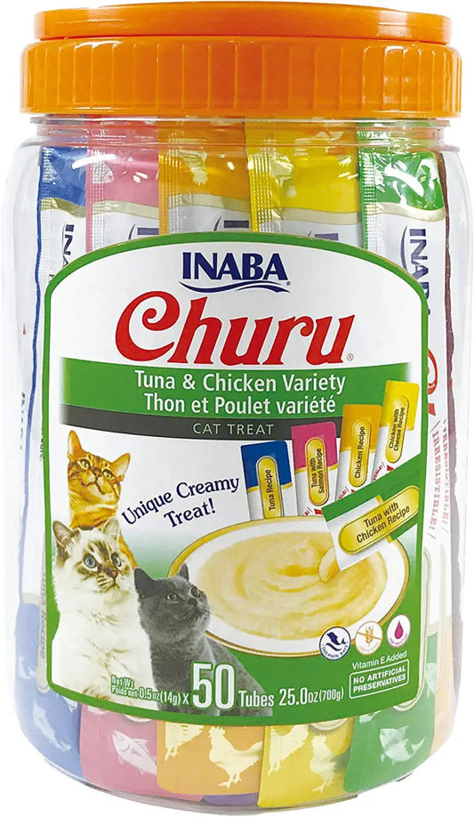INABA Churu Cat Treats, Grain-Free, Lickable, Squeezable Creamy Purée Cat Treat/Topper with Vitamin E & Taurine, 0.5 Ounces Each Tube, 50 Tubes, Tuna & Chicken Variety - Hatke