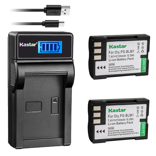 Kastar Battery (X2) & LCD Slim USB Charger for Olympus BLM-1, BLM-01, PS-BLM1 and Olympus C-5060, C-7070, C-8080, E-1, E-3, E-30, E-520, EVOLT E-300, E-330, E-500, E-510 Camera - Hatke