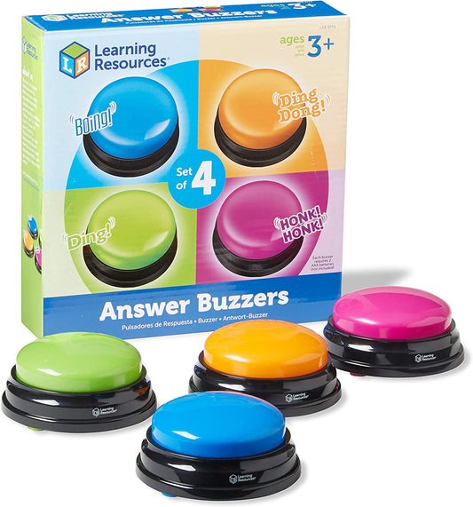 Learning Resources Answer Buzzers - Set of 4, Ages 3+ Assorted Colored Buzzers, Game Show Buzzers, Perfect for Family Game and Trivia Nights - Hatke