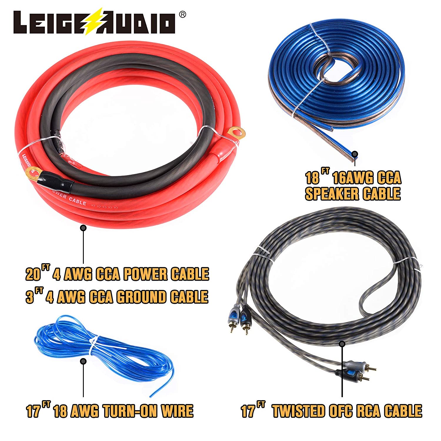 LEIGESAUDIO 4 Gauge Amp Wiring Kit Ture 4 AWG Amplifier Installation Wiring Kit - Car Subwoofer Wiring Kit Helps You Make Connections and Brings Power to Your Radio, Subwoofer and Speakers - Hatke