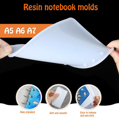 LEOBRO 3Pcs Notebook Cover Resin Casting Molds for A5 A6 A7, LEOBRO 4Pcs 3-Rings Book Rings, 1Pcs Tweezer, 1Pcs Non-Stick Silicone Measuring Cup for Notebook Epoxy Resin DIY - Hatke