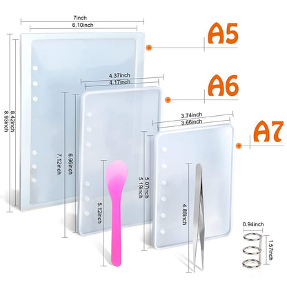 LEOBRO 3Pcs Notebook Cover Resin Casting Molds for A5 A6 A7, LEOBRO 4Pcs 3-Rings Book Rings, 1Pcs Tweezer, 1Pcs Non-Stick Silicone Measuring Cup for Notebook Epoxy Resin DIY - Hatke