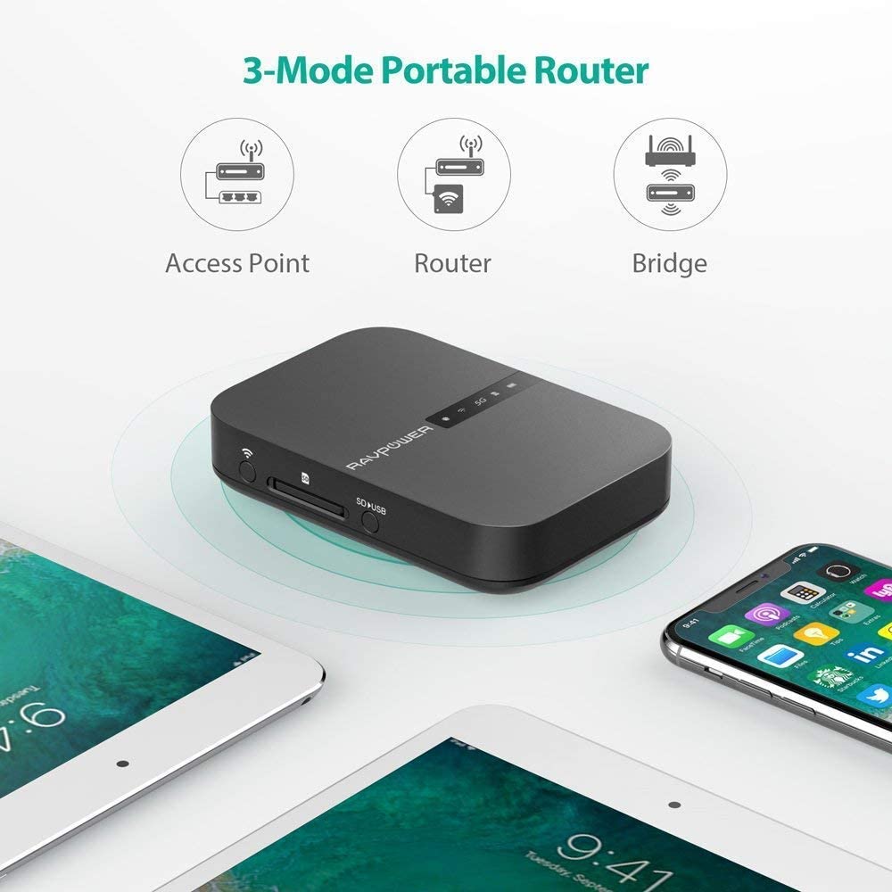 RAVPower FileHub New Version AC750 Wireless Travel Router RP-WD009 - Portable SD Card HDD Backup and Data Transmission Unit, 6700mAh External Battery Pack - Dual Band - Hatke