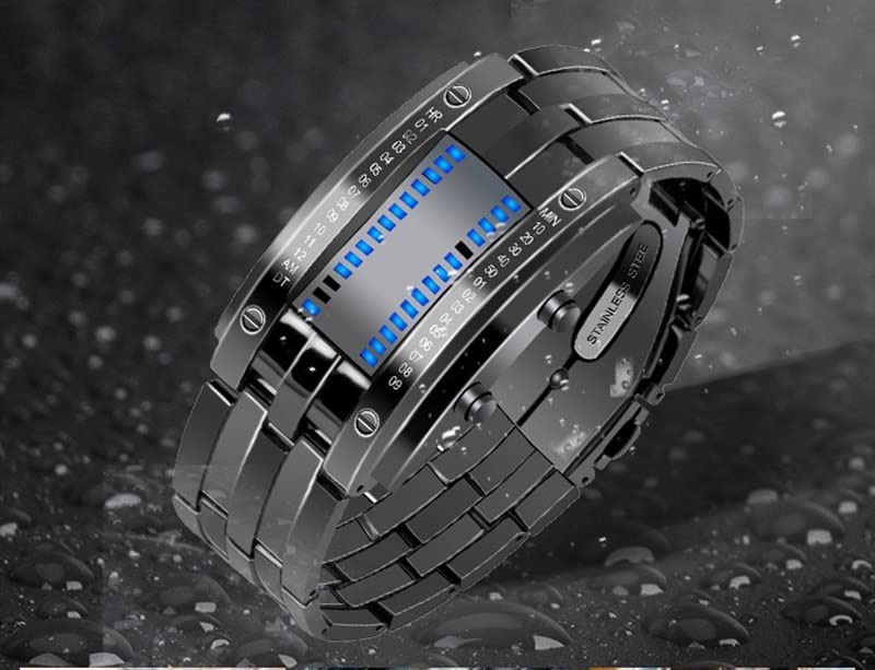 Reginald Binary Sports Watch Digital LED Matrix Waterproof Outdoor Casual Black Bracelet Square Blue Backlit - Hatke