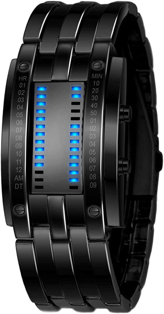 Reginald Binary Sports Watch Digital LED Matrix Waterproof Outdoor Casual Black Bracelet Square Blue Backlit - Hatke