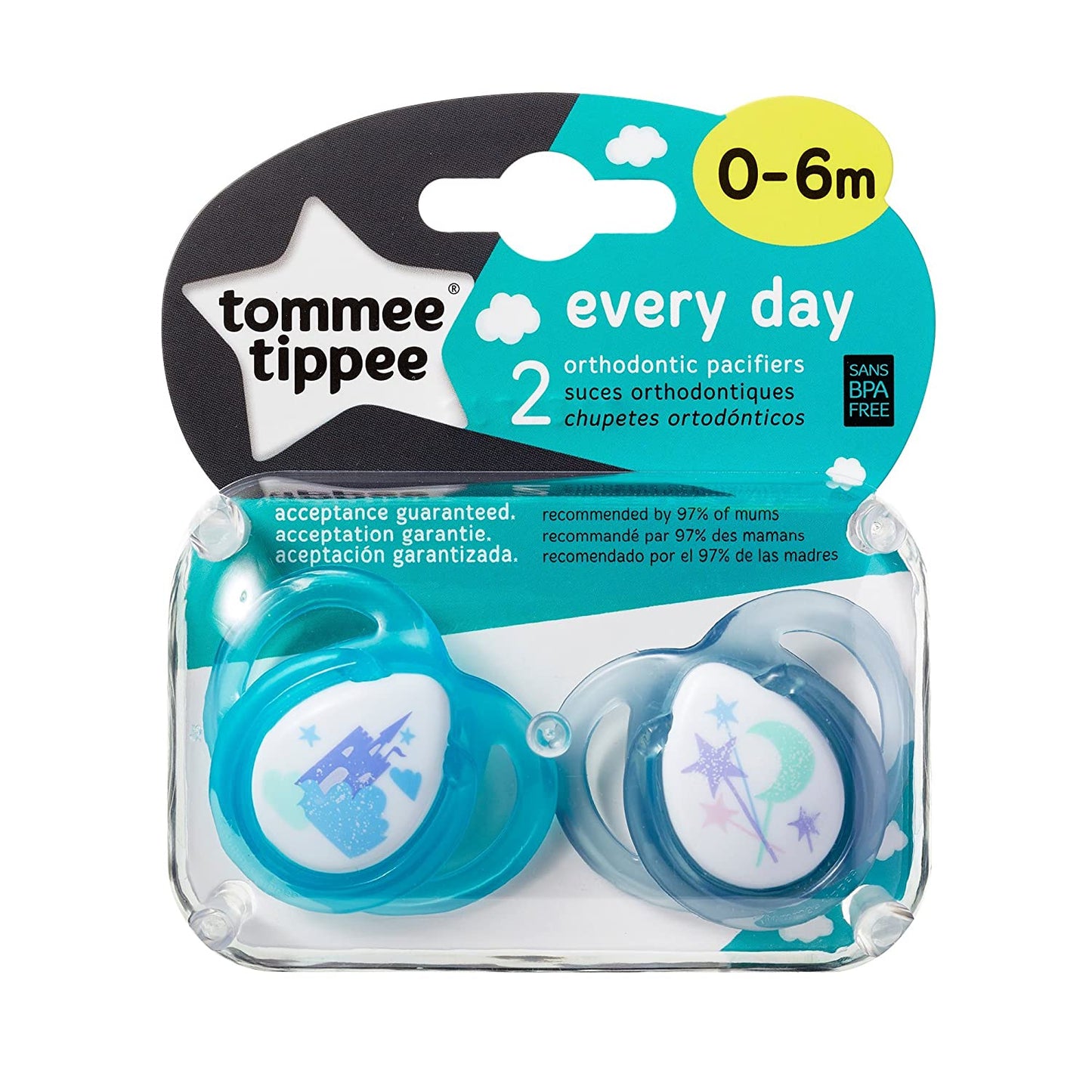 Tommee Tippee Closer to Natire Everyday Pacifier, BPA-Free, Bottle Shaped Nipple, 0-6 Months, 2 Count (DESIGNS MAY VARY) - Hatke