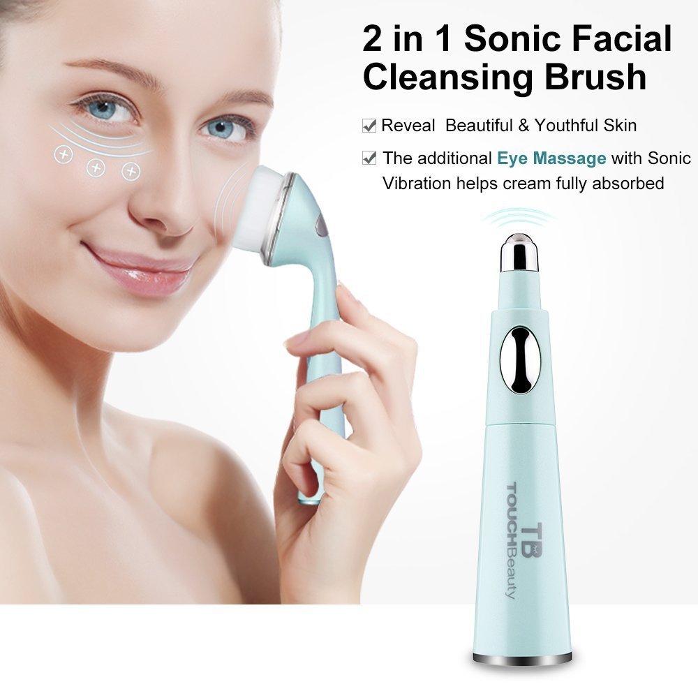 TOUCHBeauty 2 IN 1 Sonic Facial Cleanser with Anti-Ageing Wrinkle Eye Massager | Soft Facial Cleansing Brush Eyes & Face Skin Care Device Relieves Dark Circles and Puffiness (Green) TB-1581 - Hatke