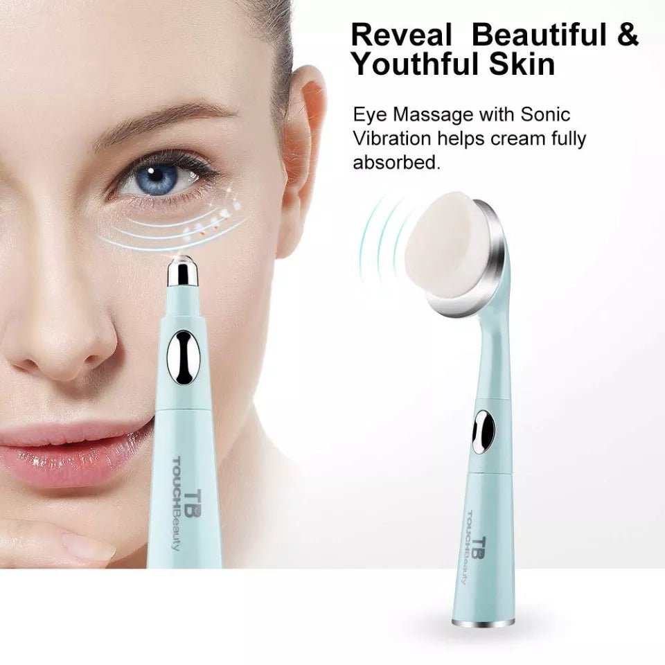 TOUCHBeauty 2 IN 1 Sonic Facial Cleanser with Anti-Ageing Wrinkle Eye Massager | Soft Facial Cleansing Brush Eyes & Face Skin Care Device Relieves Dark Circles and Puffiness (Green) TB-1581 - Hatke
