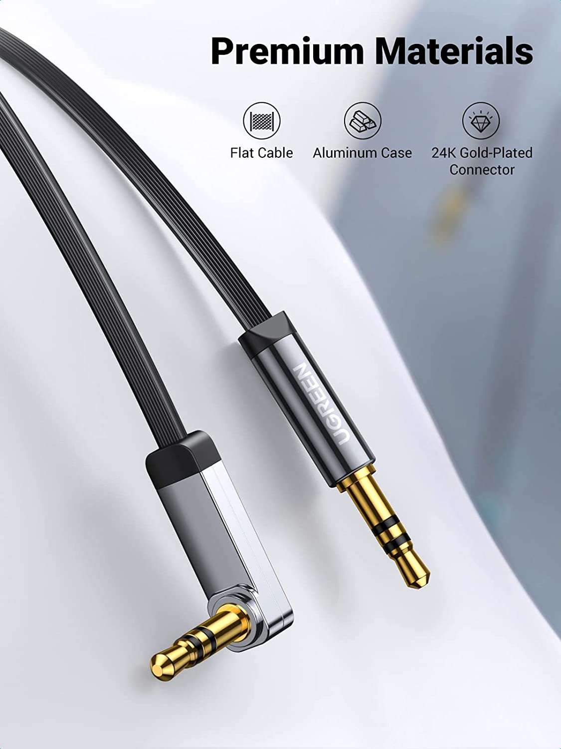 UGREEN 3.5mm Auxiliary Audio Jack to Jack Cable 90 Degree Right Angle for Apple iPhone, iPod, iPad, Samsung,Smartphones & Tablets and Speakers,24K Gold Plated Male to Male 10596 - Hatke