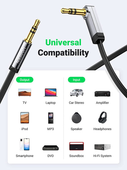 UGREEN 3.5mm Auxiliary Audio Jack to Jack Cable 90 Degree Right Angle for Apple iPhone, iPod, iPad, Samsung,Smartphones & Tablets and Speakers,24K Gold Plated Male to Male 10596 - Hatke