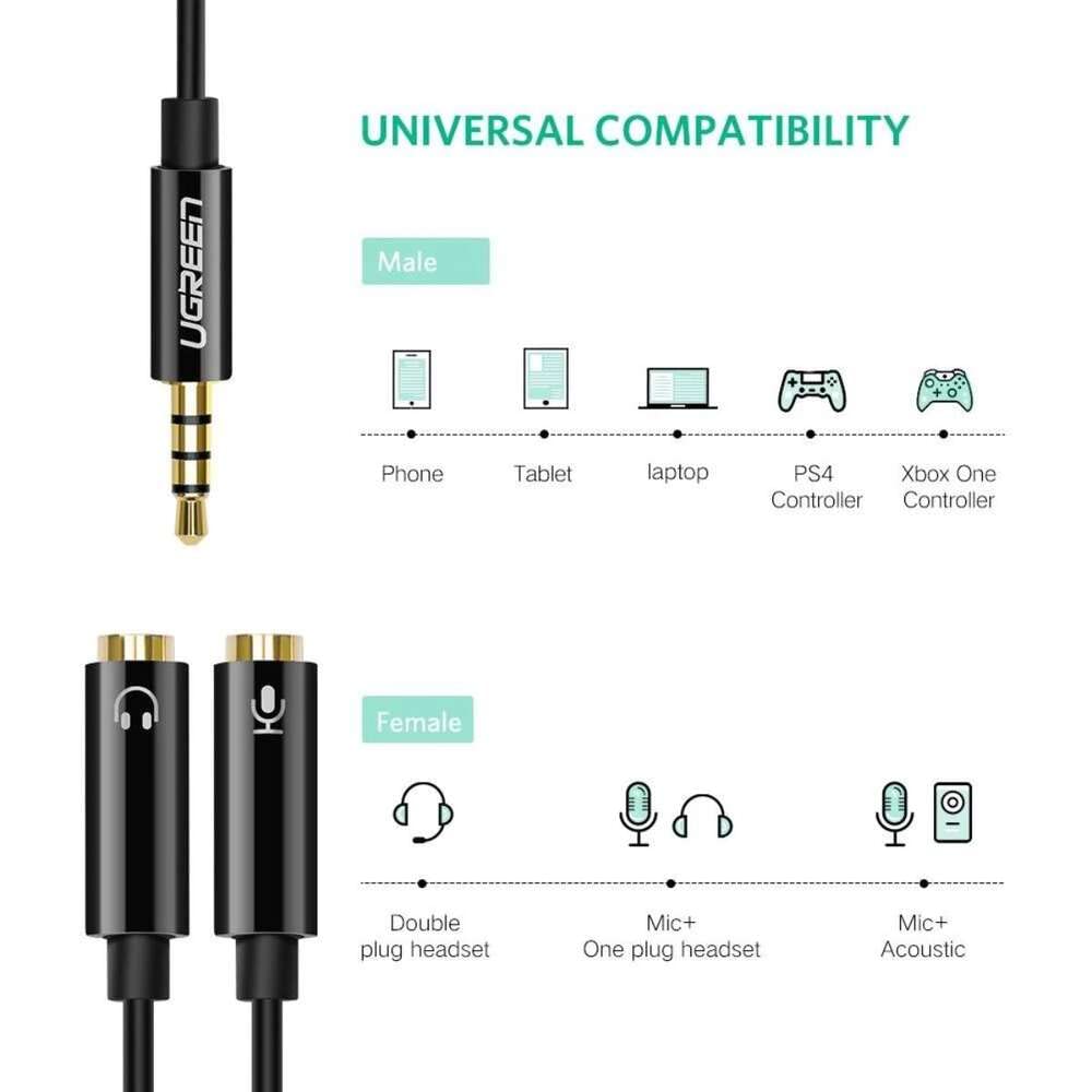 Ugreen 3.5mm Stereo TRRS 4 Pole Plug To 3.5mm Mic & Headset Female Jack Audio Adapter - 10789 - Hatke