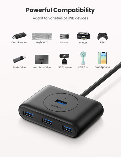 Ugreen 4 Port USB 3.0 Hub, Super Speed for your MacBook MacBook Air, Mac Mini and Microsoft Surface, Ultrabooks 30 cms Cable USB Hub - Hatke