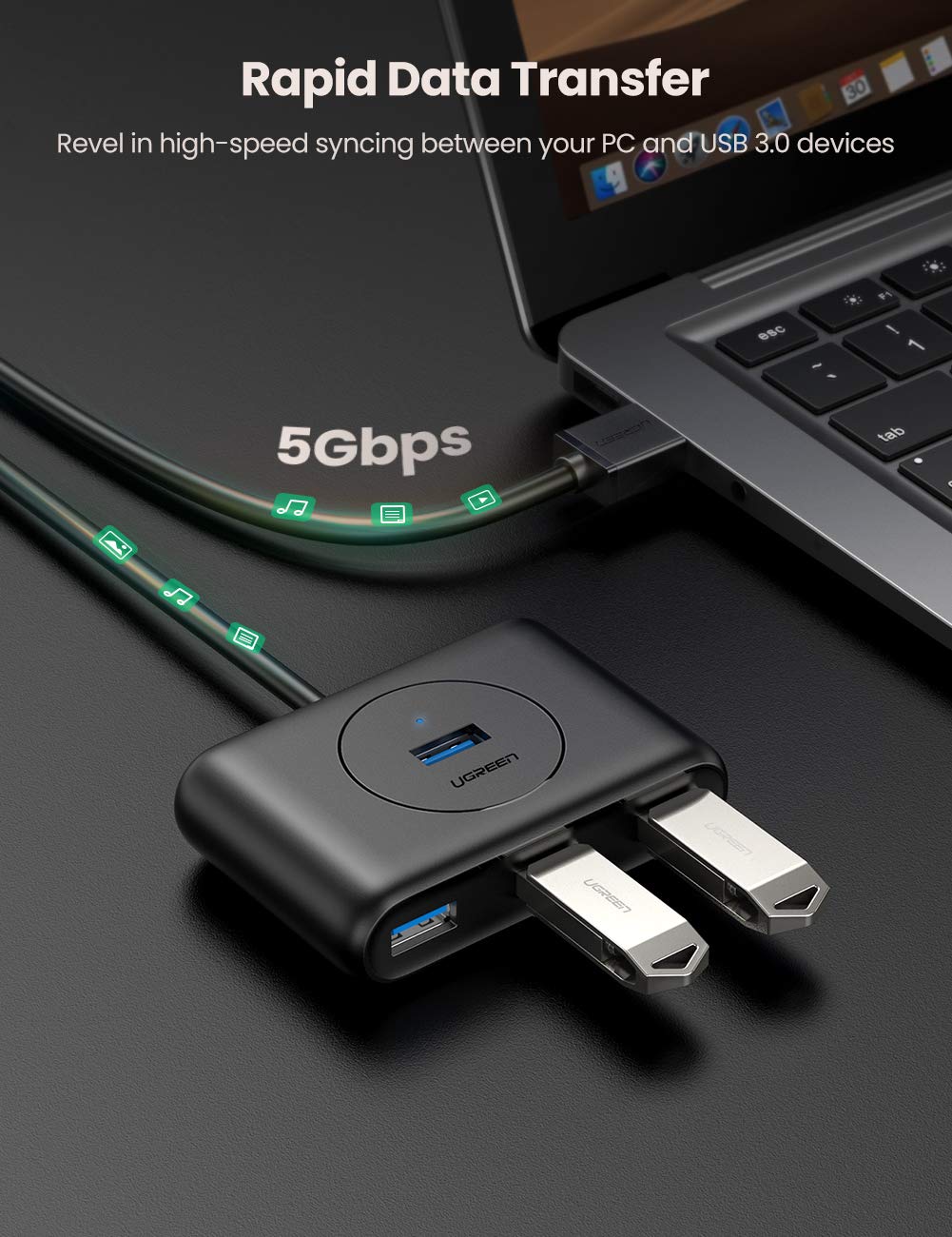 Ugreen 4 Port USB 3.0 Hub, Super Speed for your MacBook MacBook Air, Mac Mini and Microsoft Surface, Ultrabooks 30 cms Cable USB Hub - Hatke
