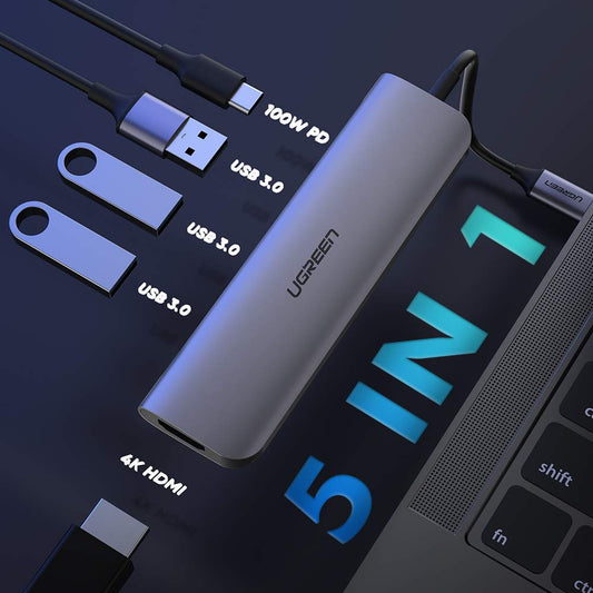 UGreen 5-in-1 USB C Hub with 4K HDMI, Support 100W PD Charging, 5Gbps Data Transfer | 50209 - Hatke