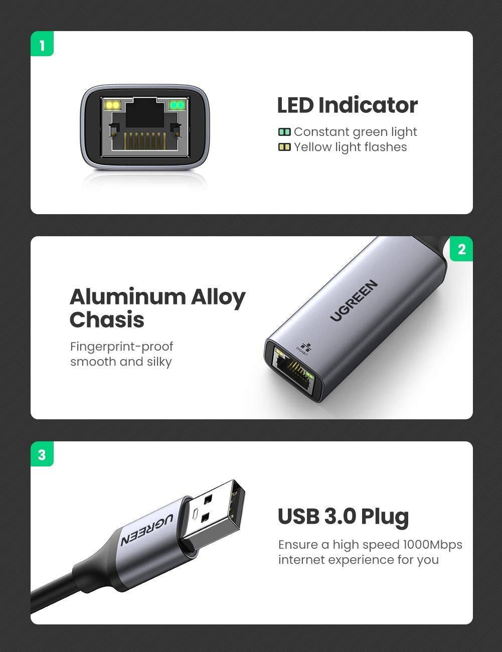 UGREEN 50922 USB Ethernet Adapter Aluminum USB 3.0 to Network Gigabit RJ45 LAN 10/100/1000 Mbps Adapter Converter Compatible for Nintendo Switch, MacBook, Mac Pro Mini, iMac, XPS, Surface Pro, Notebook, PC - Hatke