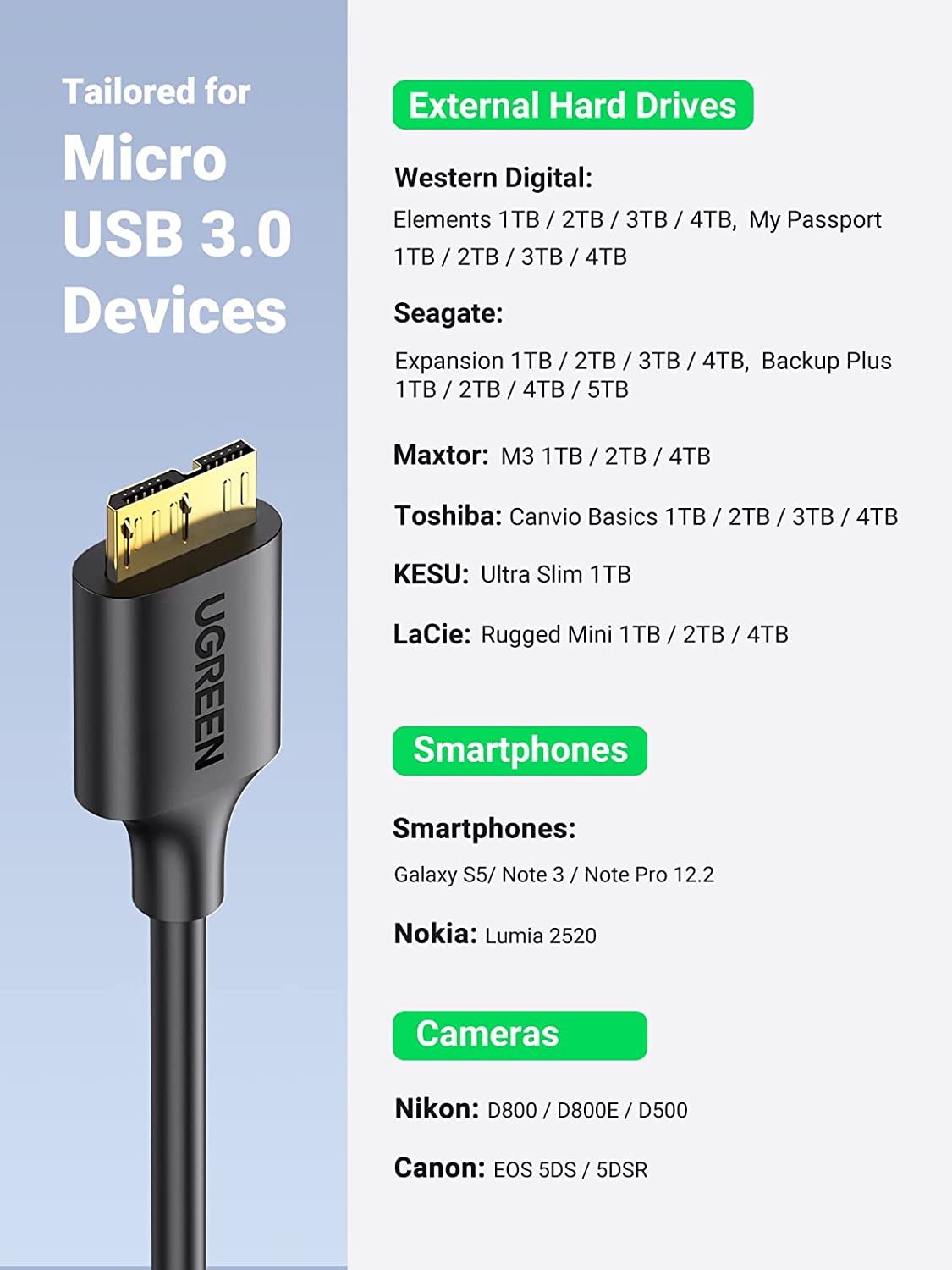 Ugreen Gold Plated USB 3.0 A Male to Micro B Male Adapter Cable, Supper Speed Data Sync Charger Charging Cable Cord, for Samsung Galaxy S5 Note 3 | Galaxy Note Pro 12.2 /Tab Pro 12.2 | Nokia Lumia 2520 Tablet etc 3ft/1m - 10841 - Hatke