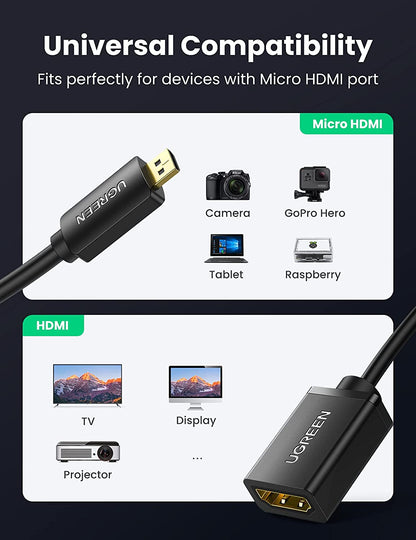 UGREEN Micro HDMI Male to HDMI Female Cable Supports 4K, 3D, Ethernet and Audio Return, Type D Male to Type A Female Adapter, Supports 4K 3D for GoPro Hero 5 Raspberry Pi 4 - 20134 (Not Micro USB) - Hatke