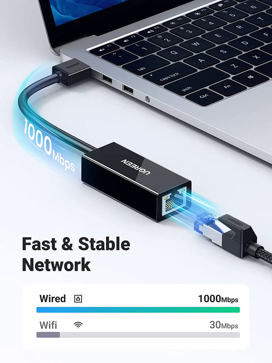 Ugreen USB 3.0 to RJ45 Gigabit Ethernet Adapter 10/100/1000Mbps  Support Windows 8.1/8/7/XP/Vista,10.6 or higher, Linux for Windows Surface Pro, IdeaPaD, MacBook And More. Black - 20256 - Hatke